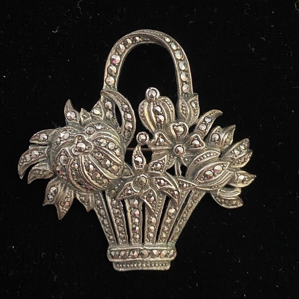 Judith Jack Basket of Flowers Marcasite Stones Sterling 925 Silver Brooch Pin